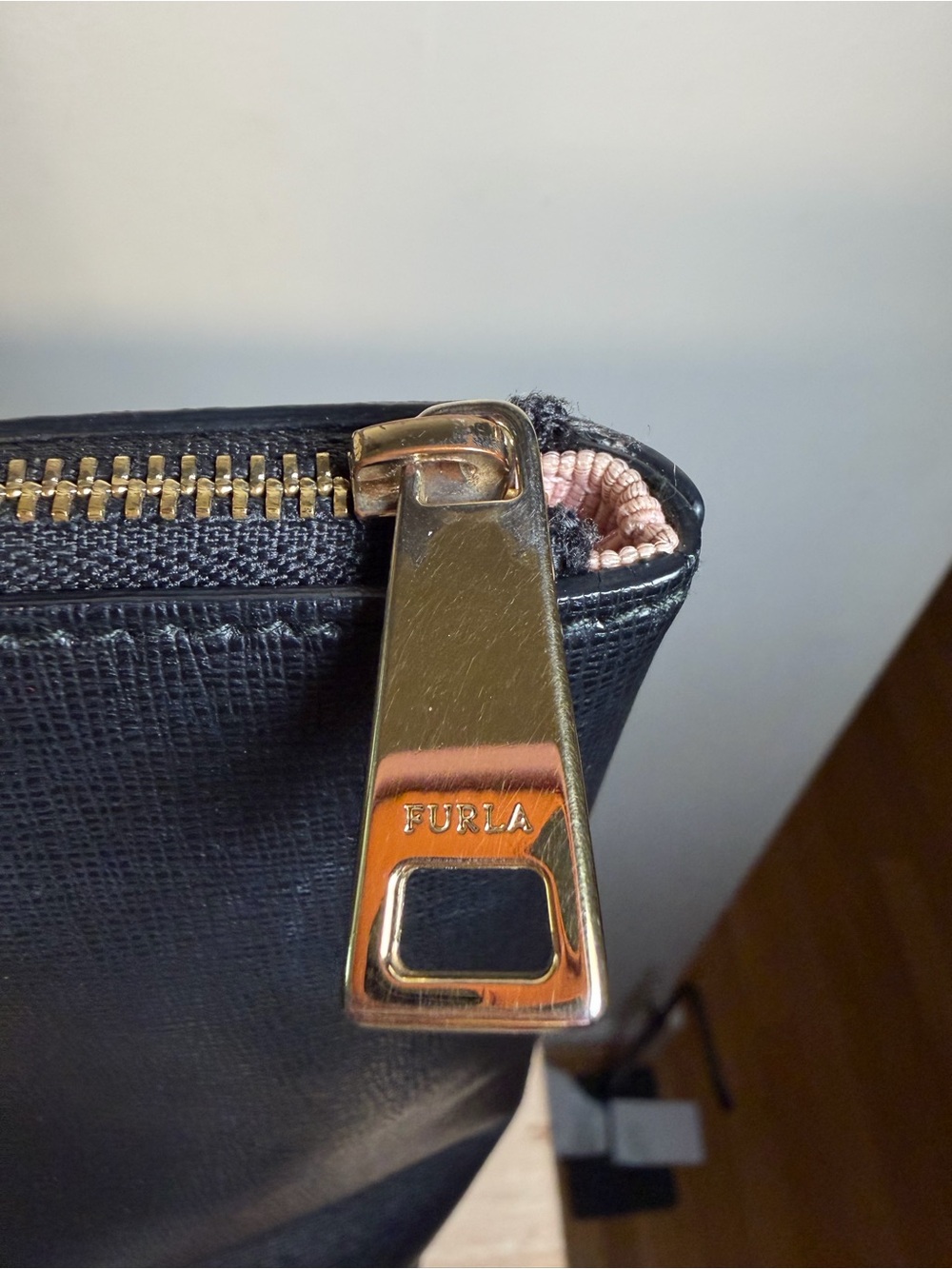 Furla Black Saffiano Zip Pouch with Gold Hardware EUC - Picture 6 of 9
